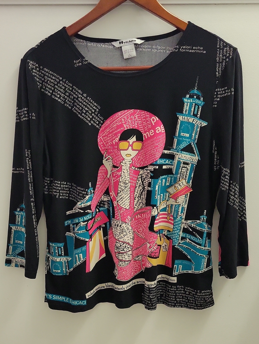 Nygard Collection Novelty Fashionista 3/4 Sleeve Stretchy Top Size Large